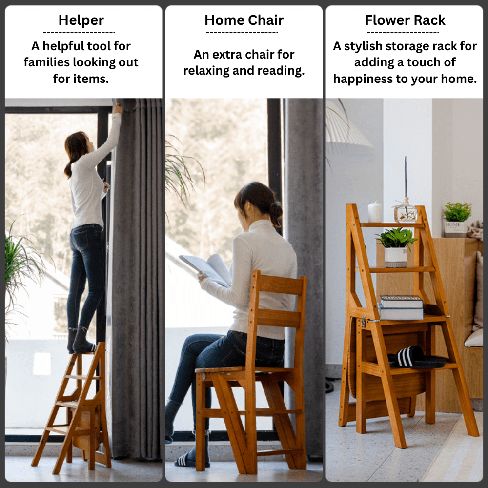 Multipurpose Wooden Folding Step Stool Ladder 3-in-1 Space-Saver (90 cm)