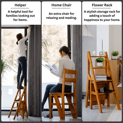 Multipurpose Wooden Folding Step Stool Ladder 3-in-1 Space-Saver (90 cm)