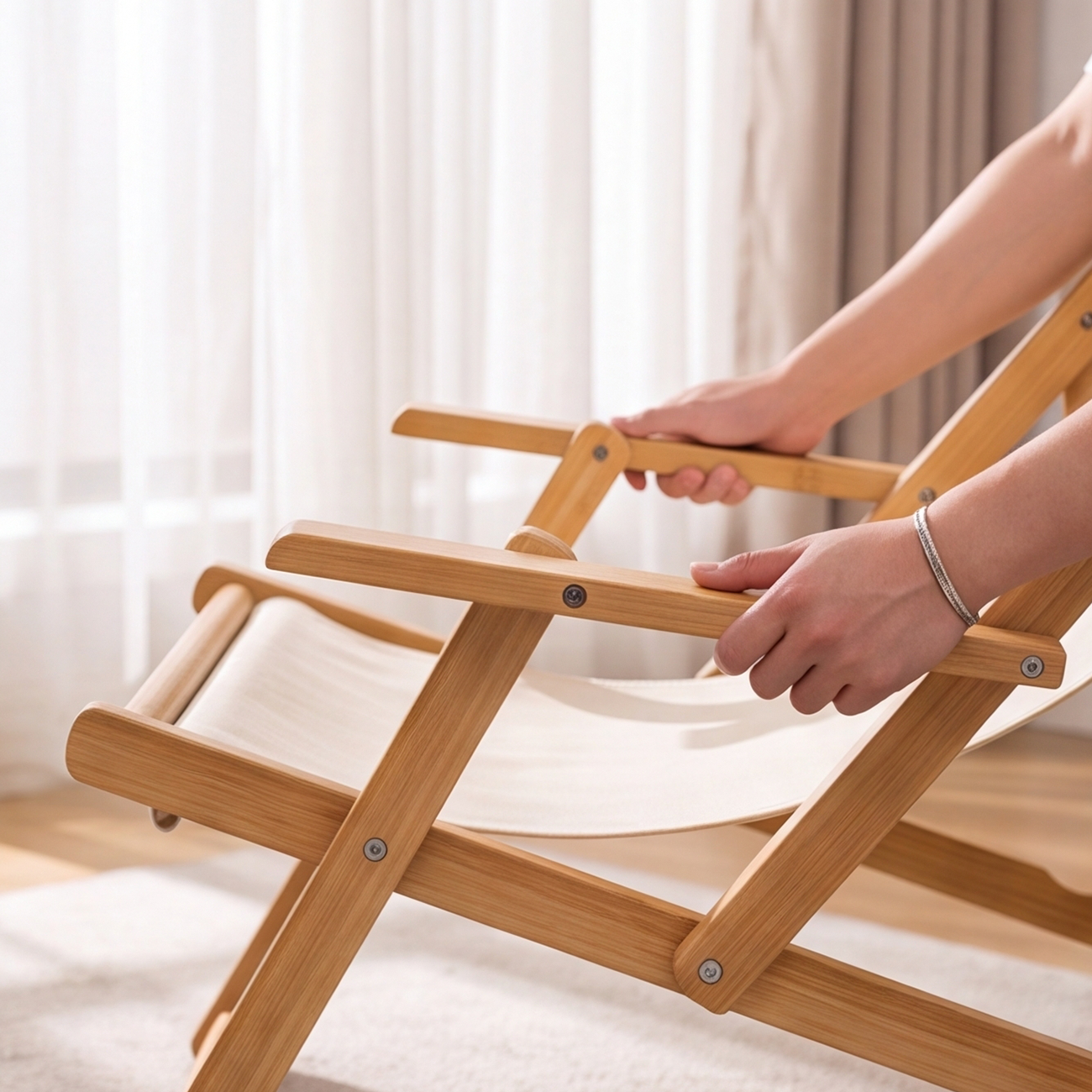 Foldable Bamboo Lounge Chair with Adjustable Backrest