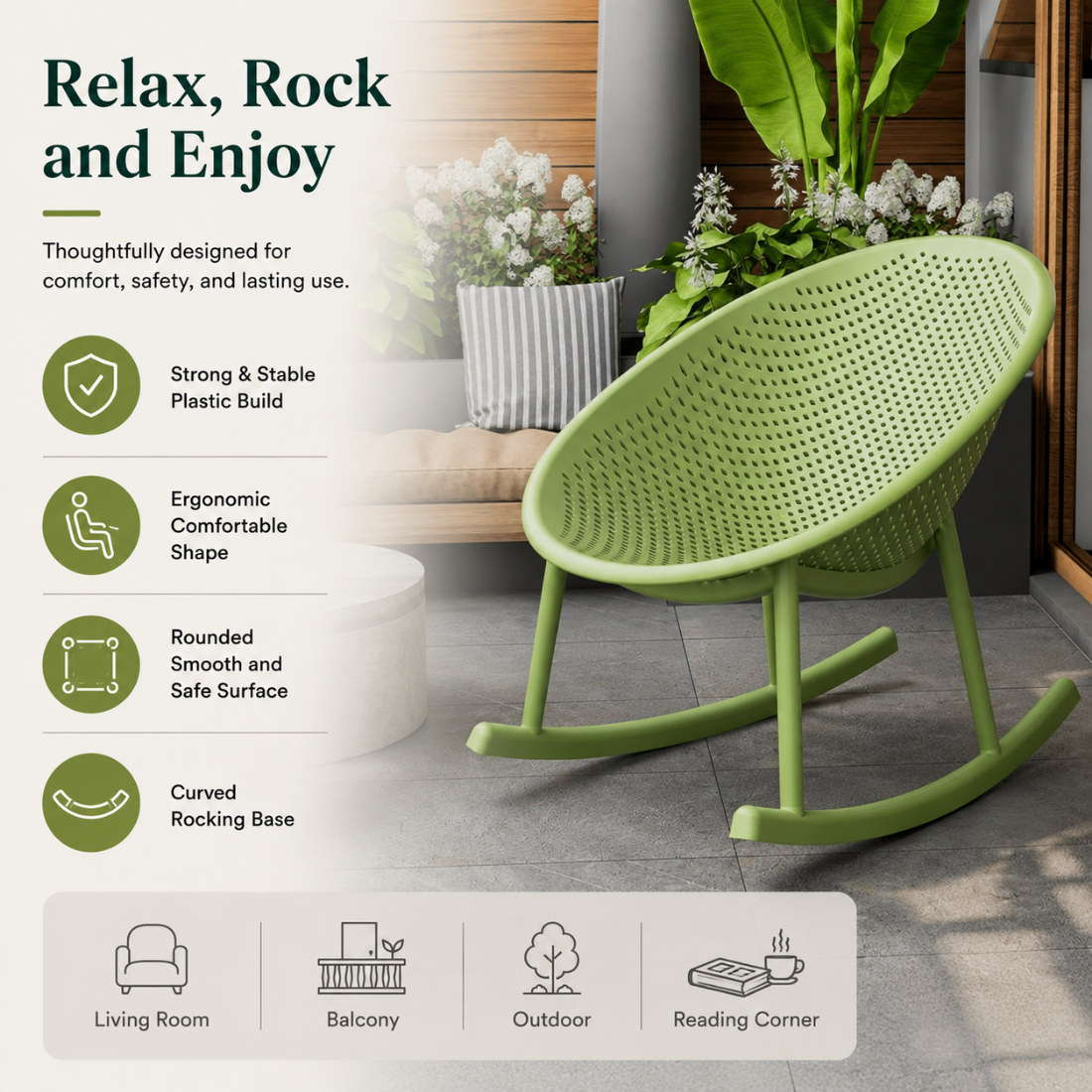 Modern Ergonomic Plastic Rocking Chair with Smooth One Piece Design