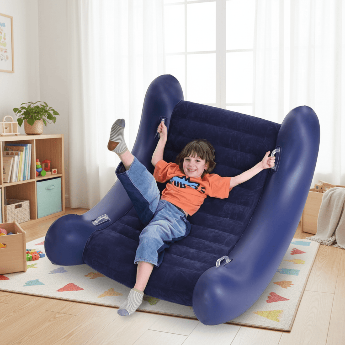 Inflatable PVC Recliner Chair with Flocked Surface and Fibre Build