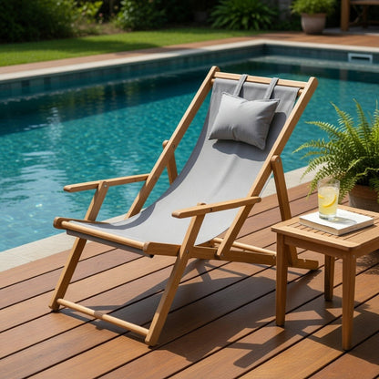 Foldable Bamboo Lounge Chair with Adjustable Backrest