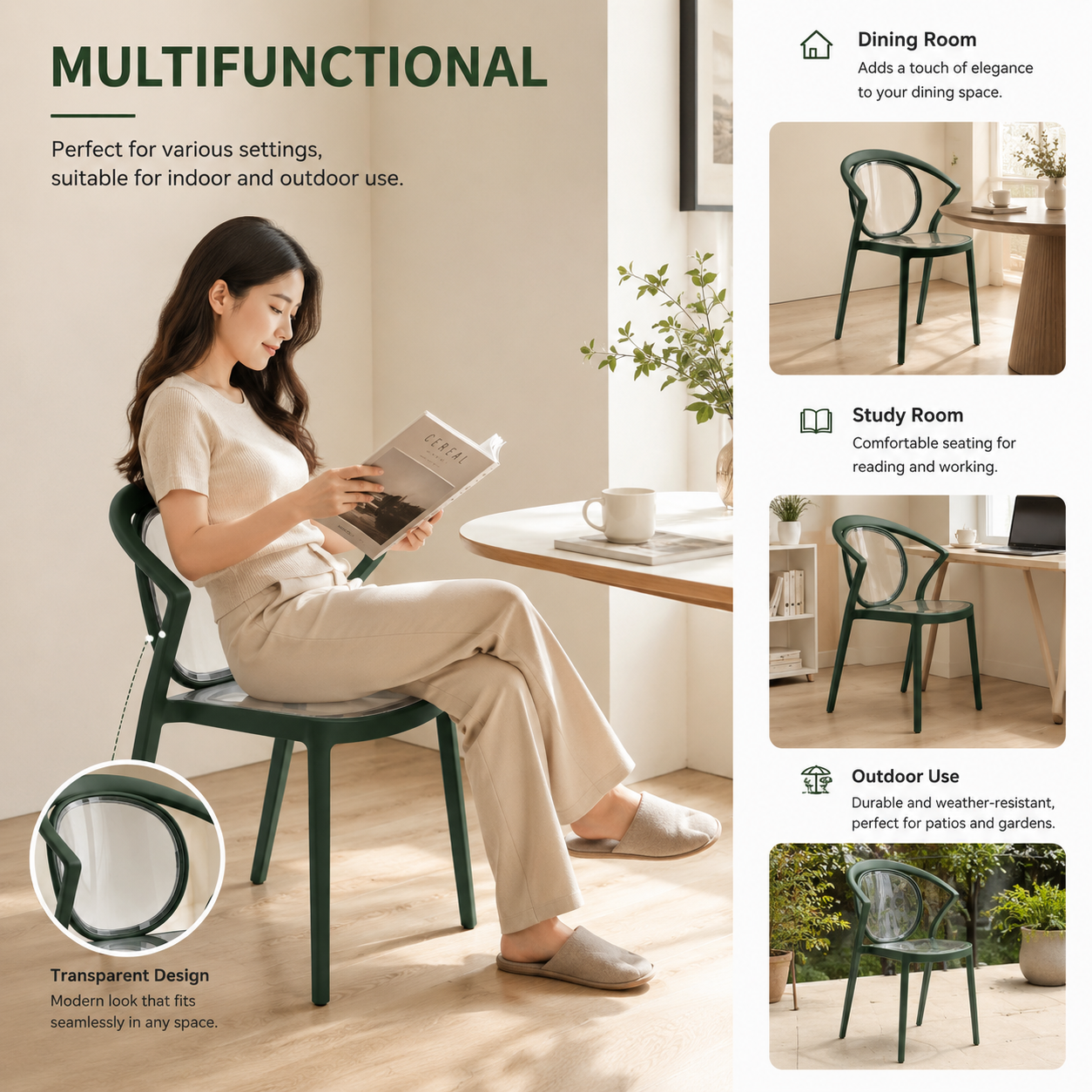 Stylish Multipurpose Chair with Clear Transparent Backrest