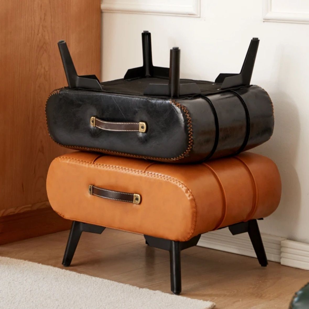 PU Leather Solid Wood Entryway Shoe Bench